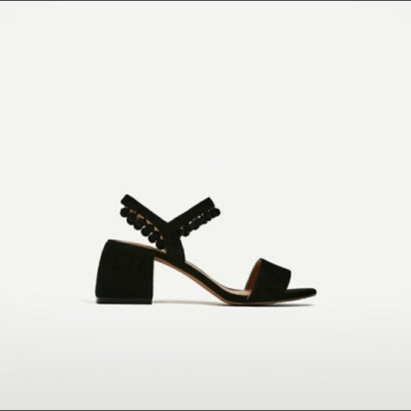 Zara Black Leather Mid Heel Pom Pom Sandals - Picture 4 of 4